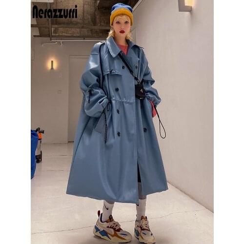 Nerazzurri Autumn Oversized blue long leather trench coat women raglan sleeve drawstring Loose casual waterproof raincoat 2021