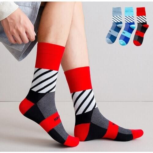 Skateboard Socks Men Sport Color Patchwork Striped Alphabet Funny Harajuku Cotton Blue Red Cotton Athletic Long socks Man Winter