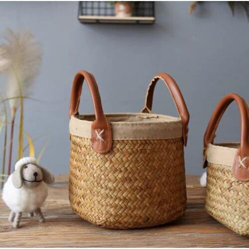 Hand-Woven Storage Baskets Snacks Gifts Flower Baskets Seaweed Woven With Handles Storage Boxes Portable Flower Baskets