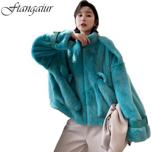 Ftangaiur 2019 Winter Import Velvet Mink Fur Coat O-Neck Pockets Pure Color Slim Mink Coat Womens Short Real Mink Fur Coats