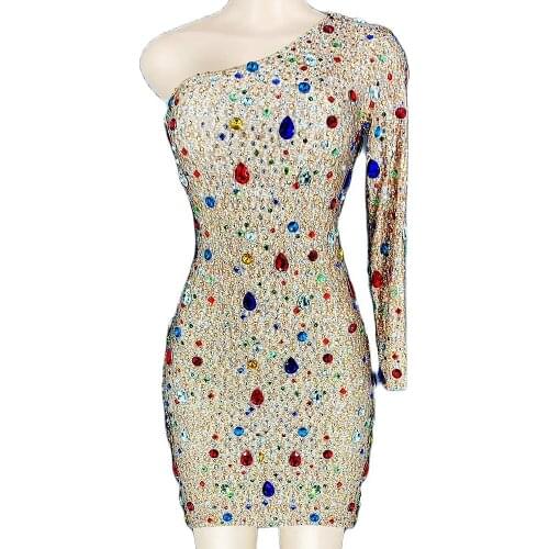 Party Dress For Women One Off Shoulder Dress Asymmetrical Above Knee Dresses Rhinestones Crystal Club Bar Dance Stage Wear Lady