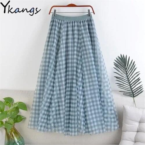 Vintage Mesh Plaid Check Pleated Skirt Women Summer 3-Layer Elastic High Waist Long Tulle Skirt Casual Loose Black Faldas Saia