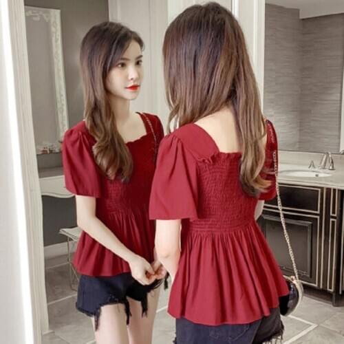 2020 New Female High Quality Ladies Chiffon Square Neck Collar Solid Short Sleeve Casual Tops Shirt Summer for Women Clothes