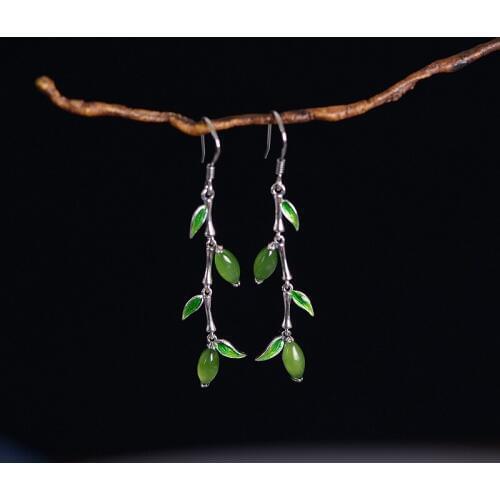 FNJ Jasper Leaf Earrings 925 Silver Original Pure S925 Sterling Silver Drop Earring for Women Jewelry