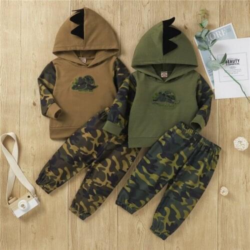 1-5 Years Baby Boys Camouflage Clothes Set Dinosaur Print Long Sleeve Hooded Tops Trousers Set For Boys Spring Autumn Suits