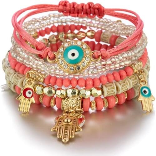 Eye Palm Pendant Bohemian Multilayer Bead Bracelet Set for Women Boho Wrap Bracelet Fashion Jewelry Femme Gift AM3274
