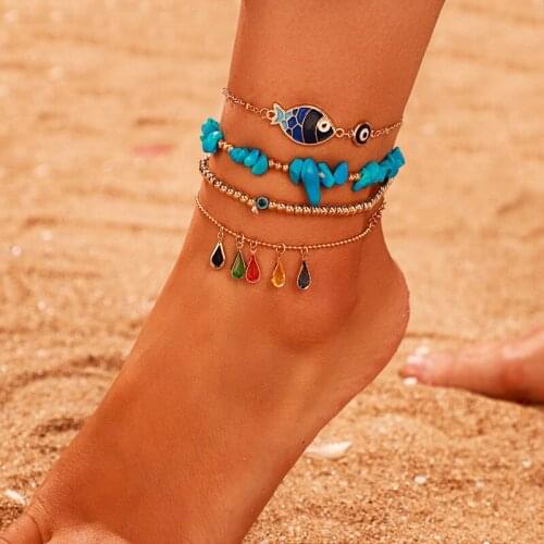 Boho Green Stone Fish Eye Crystal Water Drops Beaded Anklets Set for Women Multi-layer Chain Charm Foot Bracelet Jewelry Gifts
