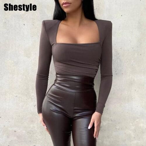 Shestyle Padded Shoulder Brown Bodysuits Women Square Neck Vintage Sexy Bodycon Solid Slim Elegant Office Lady Stylish Body Top