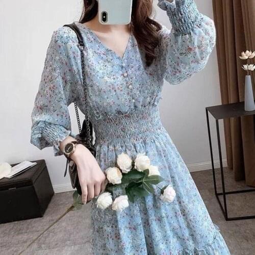 2021 spring and autumn small fresh long-sleeved floral dress Women Boho V-neck elegant chiffon mid-length high qualitydress