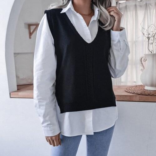 Sleeveless V-neck Knitted Vest Womens Sweater Autumn Winter New Korean Loose Wild Sweater Vest Solid Black Sweaters Желетка