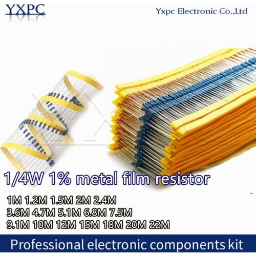100pcs 1/4W 1% metal film resistor 1M 1.2M 1.5M 2M 2.4M 3.6M 4.7M 5.1M 6.8M 7.5M 9.1M 10M 12M 15M 18M 20M 22M