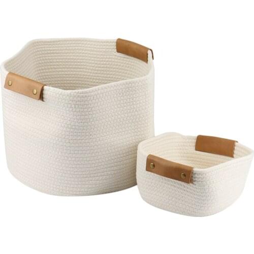 2Pcs Cotton Rope Woven Leather Handle Household Laundry Basket Cosmetics Sundry Arrangement Storage Frame