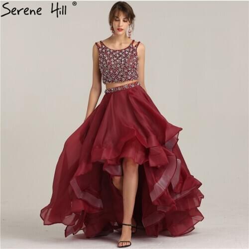 2020 Two Pieces Beaded Sequins High Low Prom Dresses Ruffles Backless Party Gown Arabic Robe De Soiree Real Pictures BLA6259