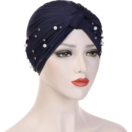 2020 Muslim Women‘s Beading Turban Hat Hijab Caps Head Wrap Scarf Female Stretch Beanie Bonnet Chemo Turban Islamic India Caps