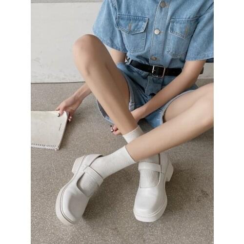 2021 spring and autumn womens shoes British college style pure color simple platform mid-heel square toe small leather shoes