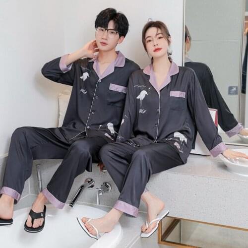 Ice Silk Satin Pajamas Sets Lovers' Pajamas Womens Spring Suit Femme Casual 2PCS Shirt&Pants Suit Turn-Down Collar Home Service