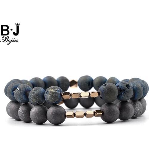 BOJIU Natural Matte Druzy Agates Stone Round Beads Bracelet For Women Gold-color Copper Nugget Gray Drusy Bracelet Jewelry BC271