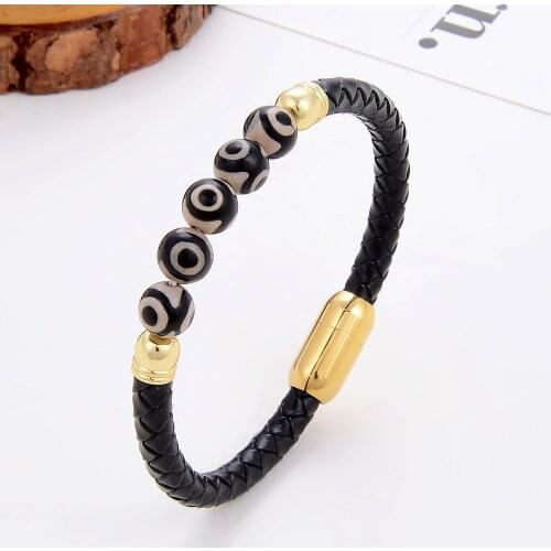 Natural Evil Eye Stone Bead Black Leather Bracelet For Woman Charm Stainless Steel Magnetic Buckle Friendship Jewelry Wholesale