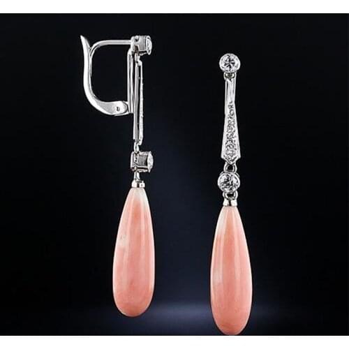 Coral Drop Liner Earrings Long Teardrop Peach Dangle Rhinestone Crystal Decor Vintage Silver Color Bridal Wedding Earrings Women