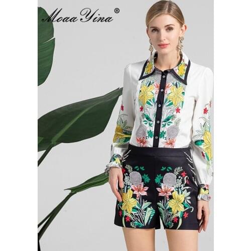 MoaaYina Fashion Runway Autumn Shorts Suit Womens Long Sleeve Single-breasted Blouse and Floral print Black Shorts 2 Piece Set