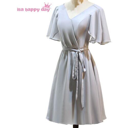Sweet dress knee length bridesmaid formal chiffon bridemaids brides maid grey bridesmais v neck short dresses under 100 H4265