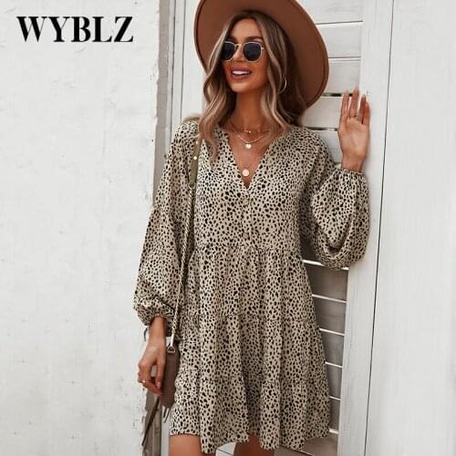 WYBLZ Spring Women Ruffles Dresses Leopard Print Chiffon Party Dresses Elegant Long Lantern Sleeve Mini A-Line Dress Office Lady