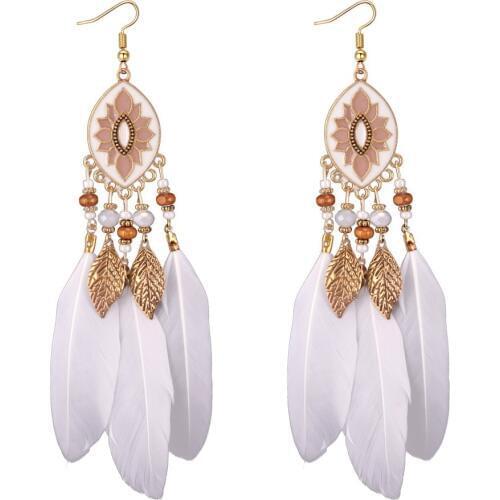 Fashionable new earrings Bohemian retro feather Tassel Earrings womens long ethnic style oil dripping geometric Earrings