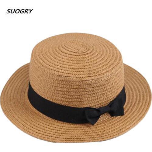 [SUOGRY] Wholesale Sun Straw Hat Boater Hat Womens Bow Summer Hats For Women Beach Flat Panama Straw hat Chapeau Femme