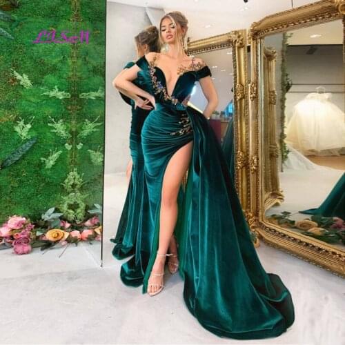 Sexy Saudi Arabic Evening Dresses Off the Shoulder Deep V-Neck Luxury Crystals Velour Prom Gowns High Slit Formal Party Dress