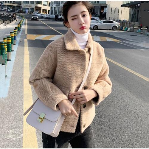 Jacket Female Short Section 2020 New Autumn And Winter Loose Thickened Lapel Knitted Cardigan jacket tide khaki pink