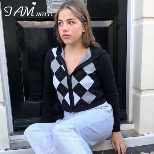 Argyle Plaid Y2K Zipper Cardigan For Women Harajuku Cute Hooded Long Sleeve Jumper Sweater Cropped Cardigans Fall 2020 Iamhotty