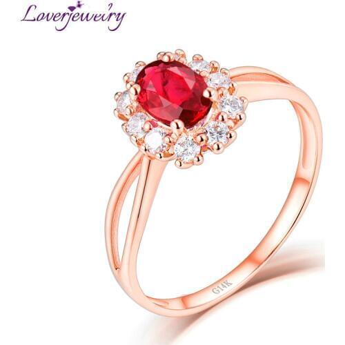 LOVERJEWELRY Red Ruby Engagement Rings For Women 14kt Rose Gold Natural Diamonds Gemstone Rings Jewelry Newest Trendy Party Ring