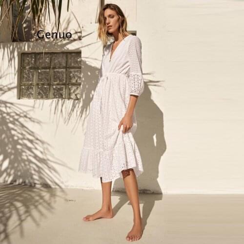 Women Autumn Fashion Embroidered Hedging Dress White Hollow Knee-Length Skirt Female Mid-Length V-Neck Lace Up Bohemian Dresses