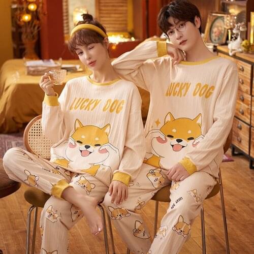 Oversized Long Sleeve Long Pants 2-piece Couple Winter Pajamas Sets Kawaii Smiling Shiba Inu Cartoon Men Women Cotton Home Suits