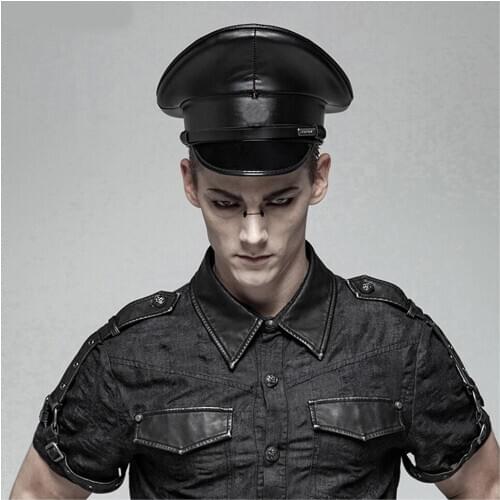 100% Leather Black Military Hat Germany Officer Visor Cap Army Hat Cortical Steampunk Glasses Police Cap Cosplay Halloween Hat
