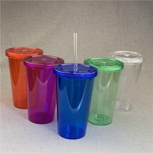 16oz19ozcolor transparent straw reusable cup with lid plastic tumbler cold coffee cup Christmas party gift support wholesale