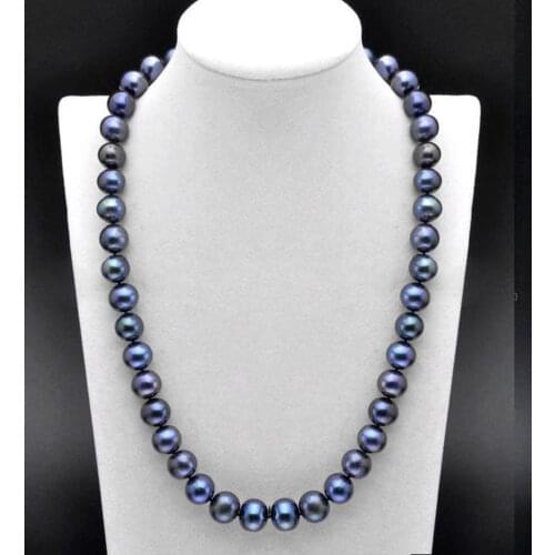 20 inch AAA 9-10 MM SOUTH SEA Tahitian black blue PEARL NECKLACE 925silver GOLD