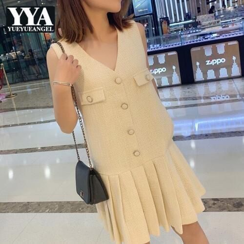 2019 Summer Sleeveless Pleated Short Dress Women Short Sleeve V-Neck Vintage Elegant Sweet Dress High Street Beige Strap Dress