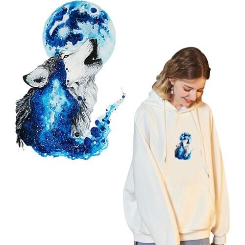 Wolf and moon Stripe Applique Patch Iron on Heat Transfer Washable Sticker for Clothes Women T-shirt Hoodies Thermal Transfer