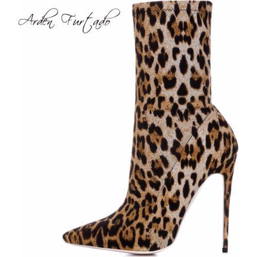 Arden Furtado spring autumn 2020 fashion Leopard shoes woman sexy stretch mid calf boots slip on pointed toe stilettos high heel