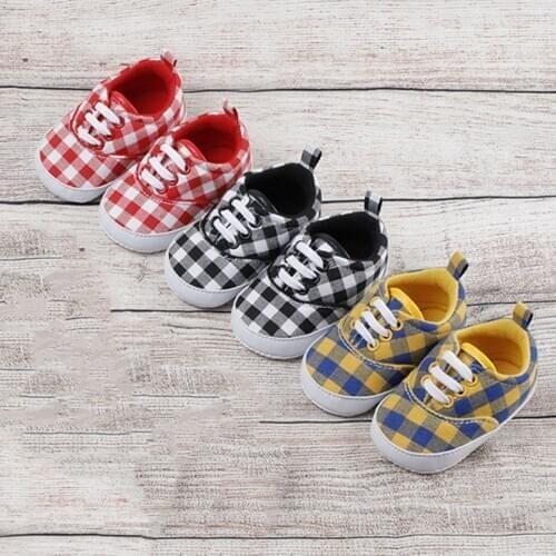 Babies Breathable Cotton Cloth Anti-Slip Plaid Toddler Prewalker Flat Shoes