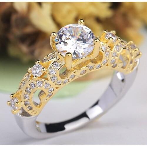 Exquisite Two-color Crown Gold Palace Inlaid Crystal Jewelry Exaggerated Color Separation 925 Silver Wedding Ring Female