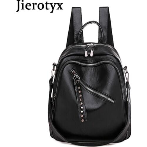 JIEROTYX Leather Chic 2020 Women Backpack Schoolbags High Quality Female Travel Backpack Teenage Girls Retro Bag Sac A Dos