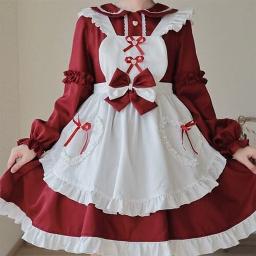 Lolita Cute Anime Kawaii Maid Red Dress Womens Dress Apron Halloween Cosplay Costume Party Cosplay Dress Up Waitress Costume