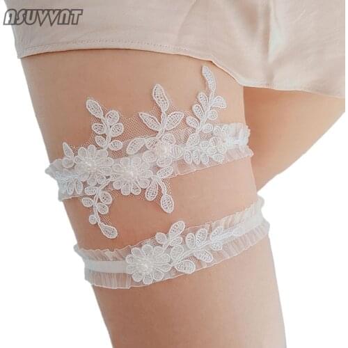 Fashion Women Garter Leaf White Flower Hollow Lace Sexy Thigh Ring Leg Garter Clothing Wedding Pearl Accessories For Women Gift