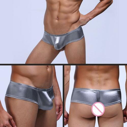Men Boxer Short Shine PU Leather Penis Pouch Micro Boxers Homme Sexy T-back Lenceria Sex Gay Trunks Ropa Erotica Hombre Panties