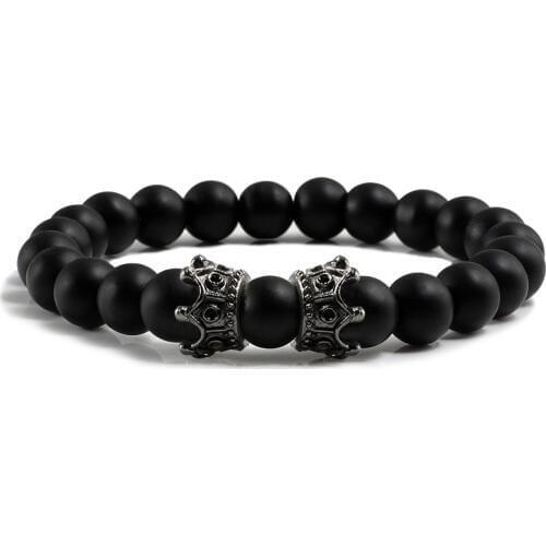 Men Black Lava Bracelet Natural Stone Beads Handmade Bracelets Bangles Women Golden Black Double Crown Bracelet Couple Jewelry