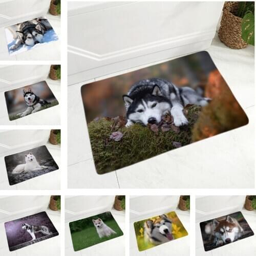 Soft Flannel Carpet Pet Animal Floor Mat for Hallway Bedroom Decor Siberian Husky Dog Rug Door Mat Non-Slip Dining room Doormat