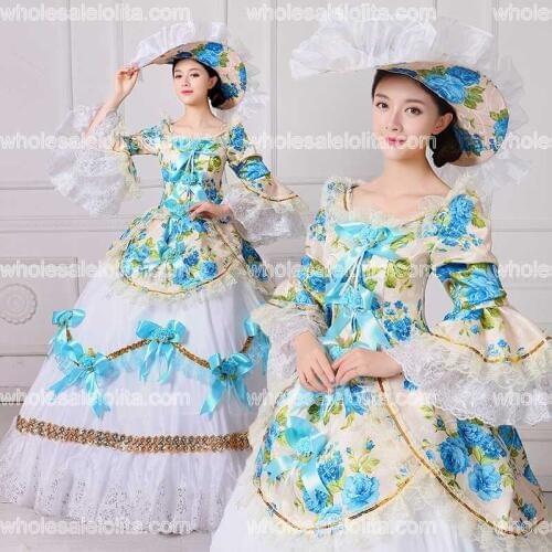 2017 Brand New Floral Printed Rococo Marie Antoinette Dresses Sothern Belle Masquerade Ball Costumes Theatre Clothing