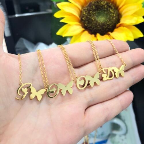 Wholesale A-Z 26pcs Butterfly With Initials Necklace For Women Dainty Jewelry Stainless Steel Rose Gold Friendship Necklace